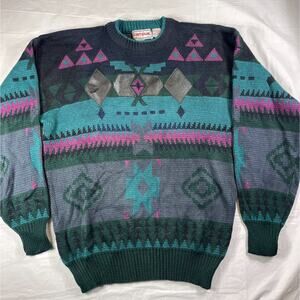 VINTAGE Campus Sweater Mens Medium Green Geometric 90s Retro Crew Neck Pullover